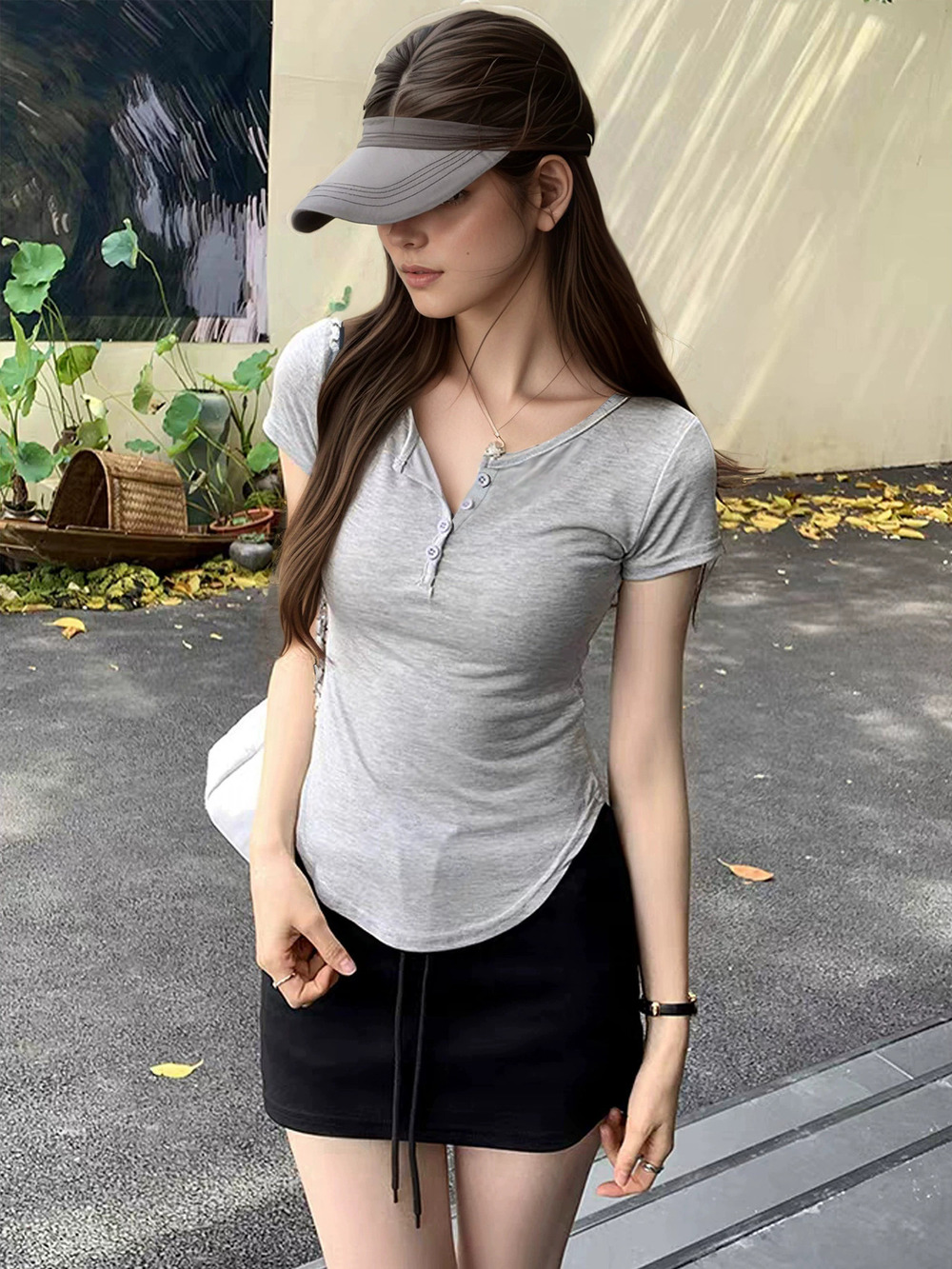 Zara Street Half Button Henley Crop Top Summer